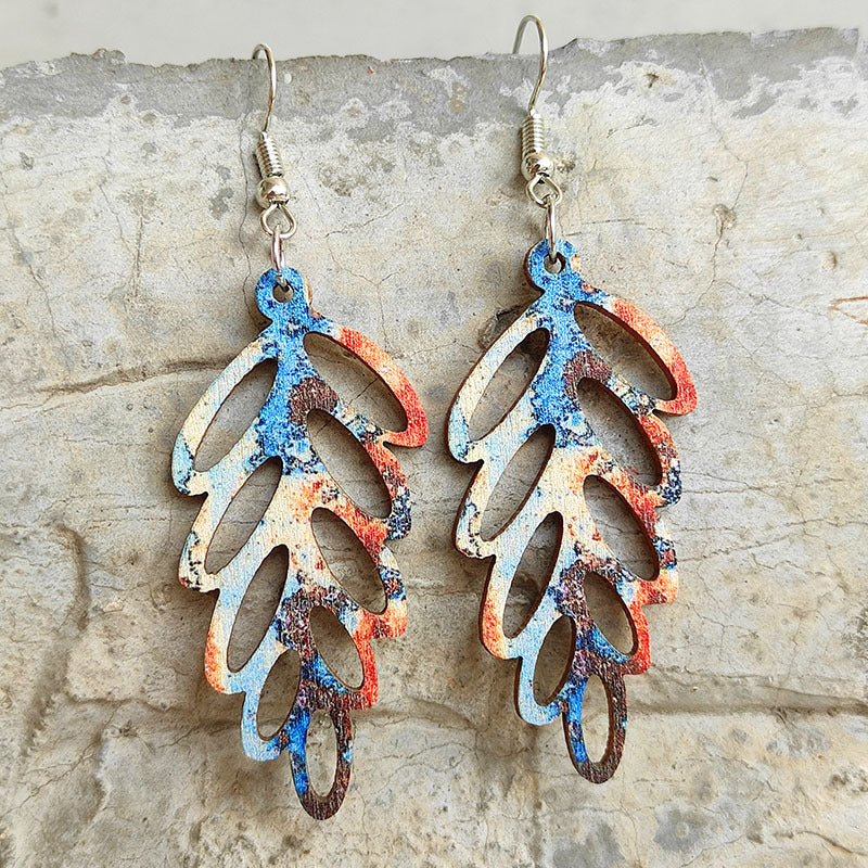Wholesale Colorful Bohemian retro distressed hollow leaf wood earrings